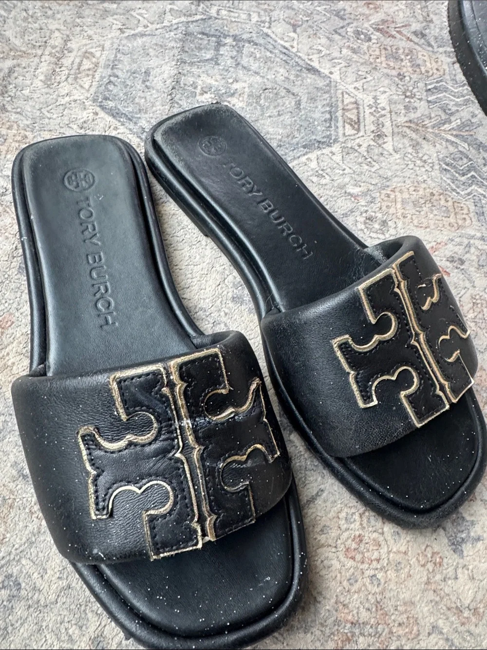Tory Burch Black Double T Leather Slide Sandals Size 8 As Is